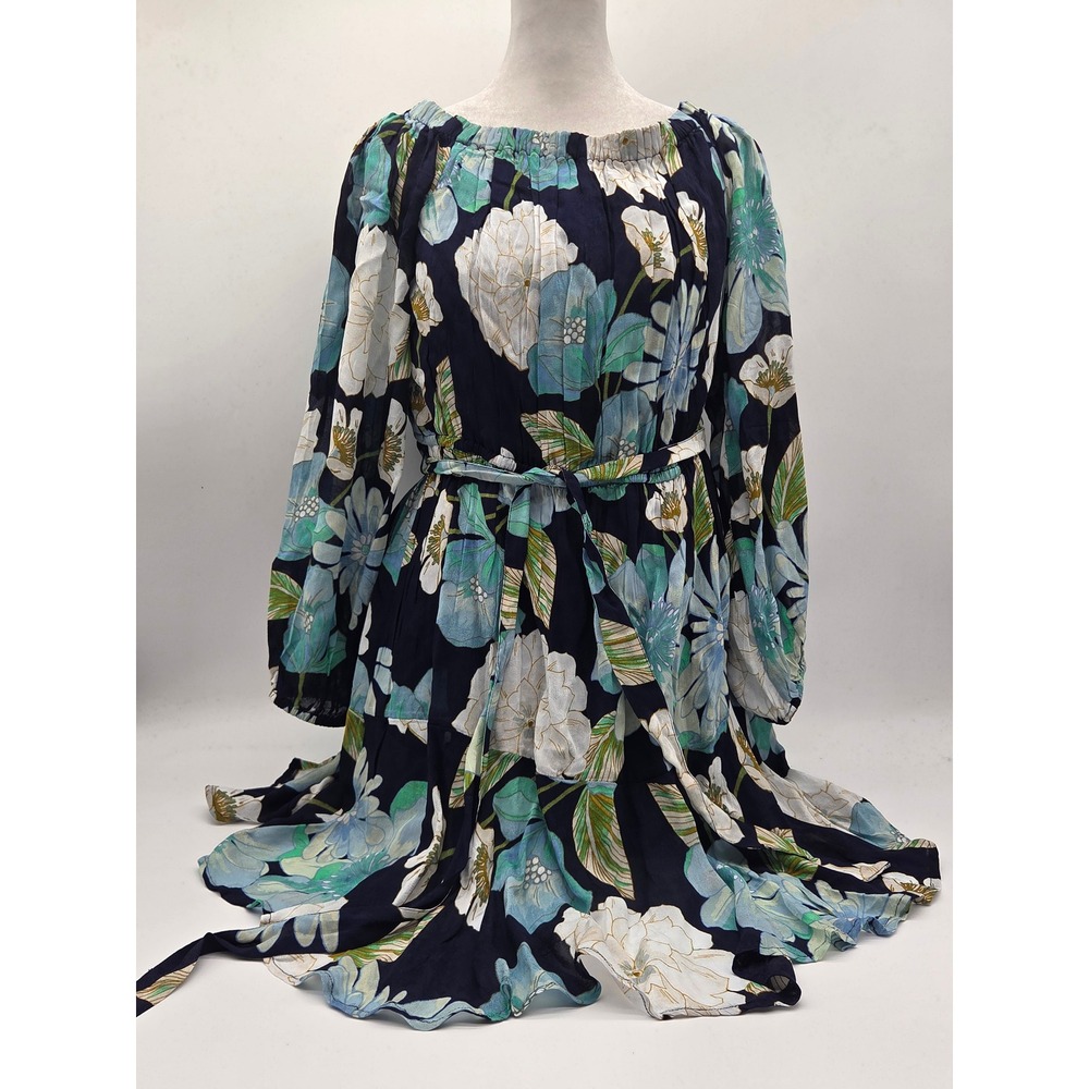 LOFT Floral Belted Peasant Dress Size L Navy Blue Green NWT 101-905